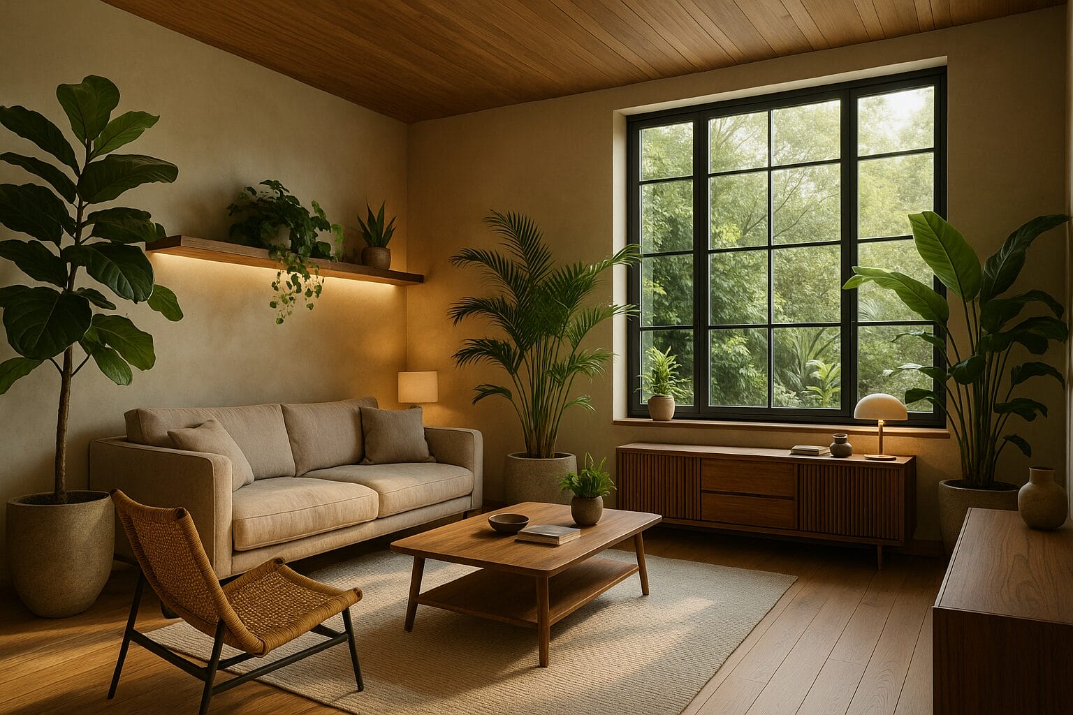 Photorealistic render of a biophilic and smart luxury living room interior in a London home