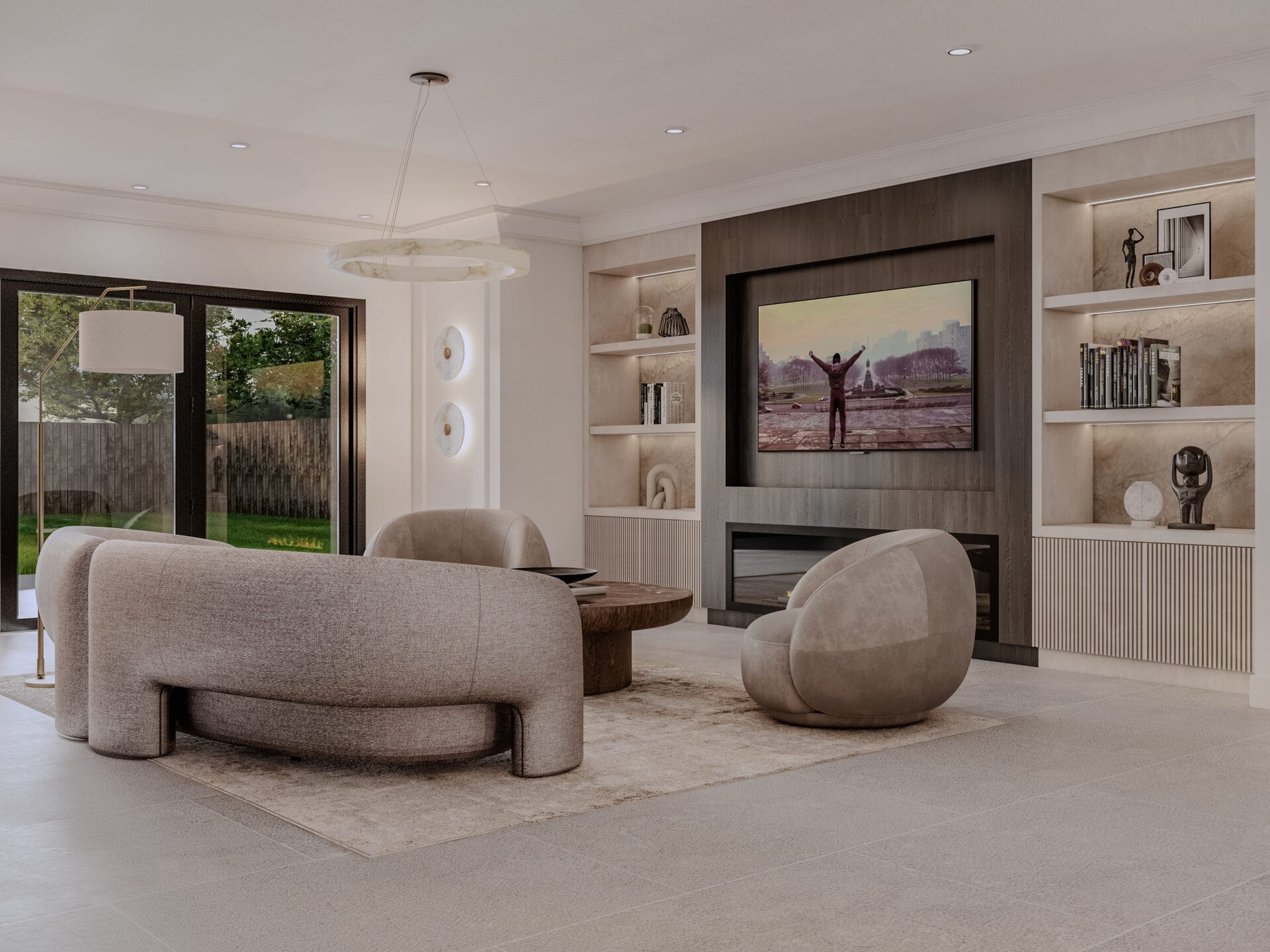 Open plan kitchen and living extension with garden facing glazing, designed by BD Interiors
