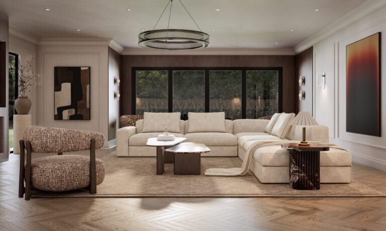 Light filled living room with natural materials, an example of biophilic design in a South London home