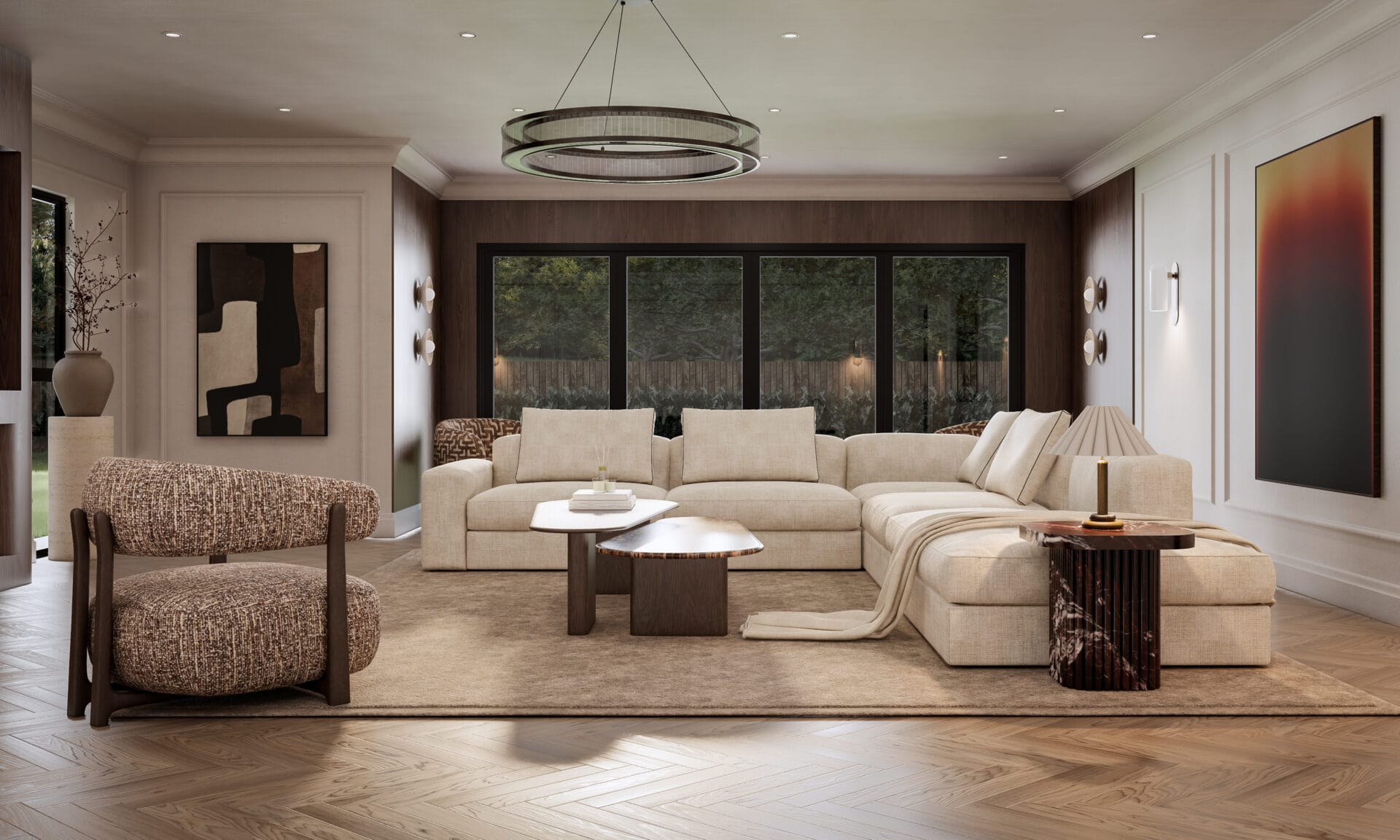 Light filled living room with natural materials, an example of biophilic design in a South London home