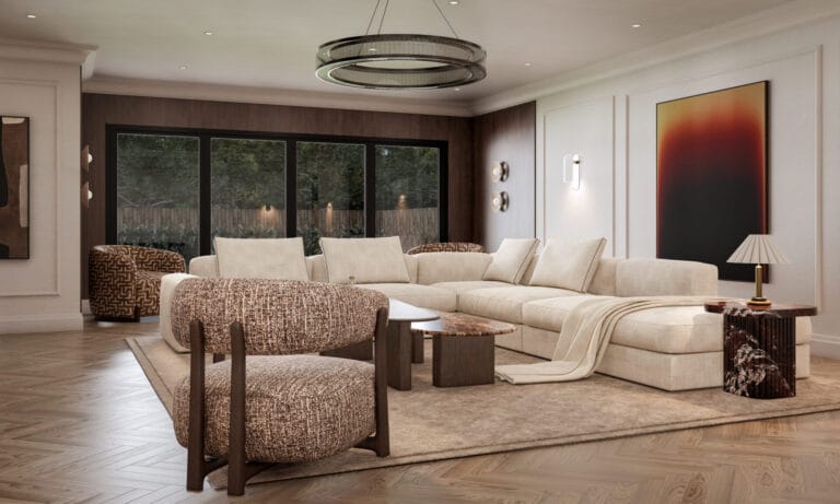 Open plan living room with large sectional sofa and full height glazed doors to the garden, designed by BD Interiors
