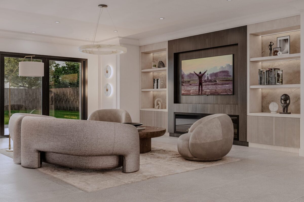 Open plan kitchen and living extension with garden facing glazing, designed by BD Interiors
