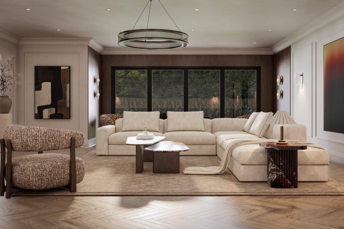 Light filled living room with natural materials, an example of biophilic design in a South London home